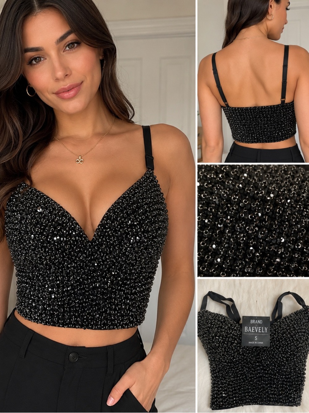 BAEVELY Black Rhinestone Bustier Crop Top Size S Brand New